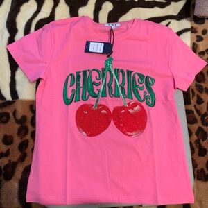 Vibrant Pink Cherries Graphic Tee with rhinestones